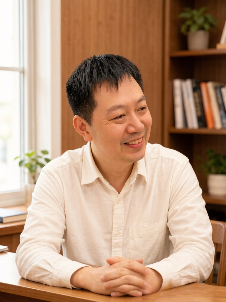 黄晓斌在温和的室内环境中微笑阅读